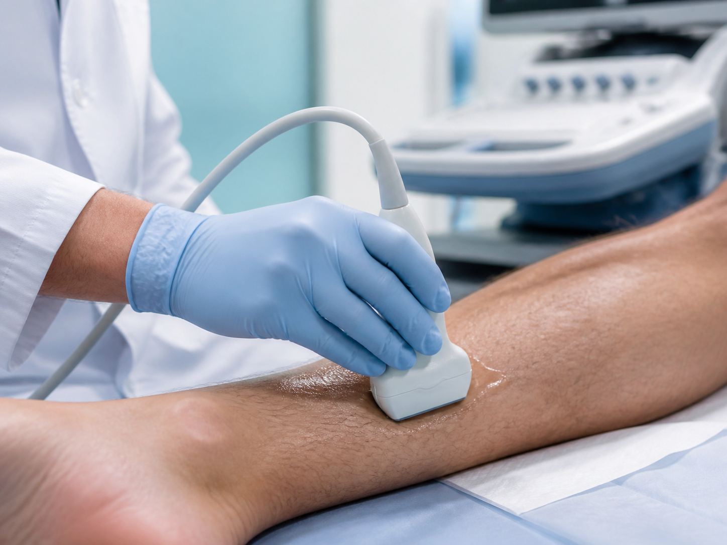 Mão do médico realizando EcoColorDoppler vascular com o transdutor de ultrassom na perna
